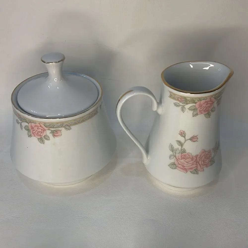 Crown Ming Fine China 8 Oz Creamer And 2 Cup Sugar Bowl Rose Floral Gold Trimmed